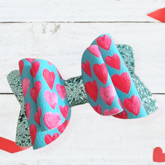 Chloe -Teal & Pink Hearts Bow