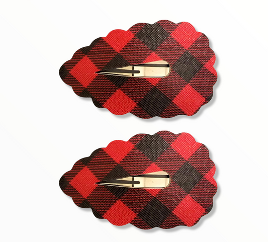 Black & Red Plaid 3" Scalloped Snap Clip Set