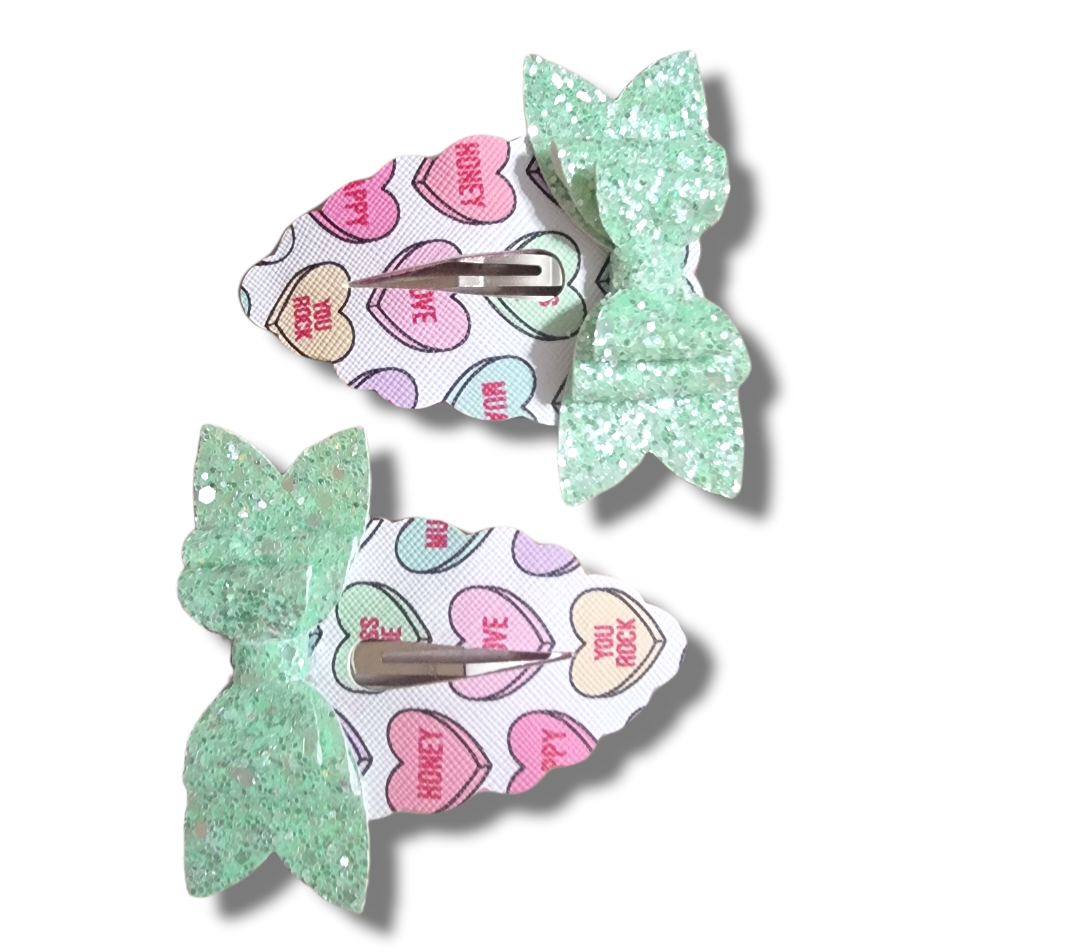 3" Mint/Pink Conversation Hearts Snap Clips Set