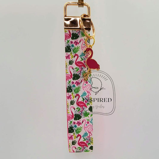 VIBRANT TROPICAL FLAMINGO VEGAN LEATHER WRISTLET KEY FOB
