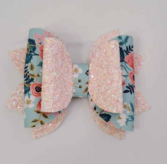 4" Teal & Pink Floral Hair Bow