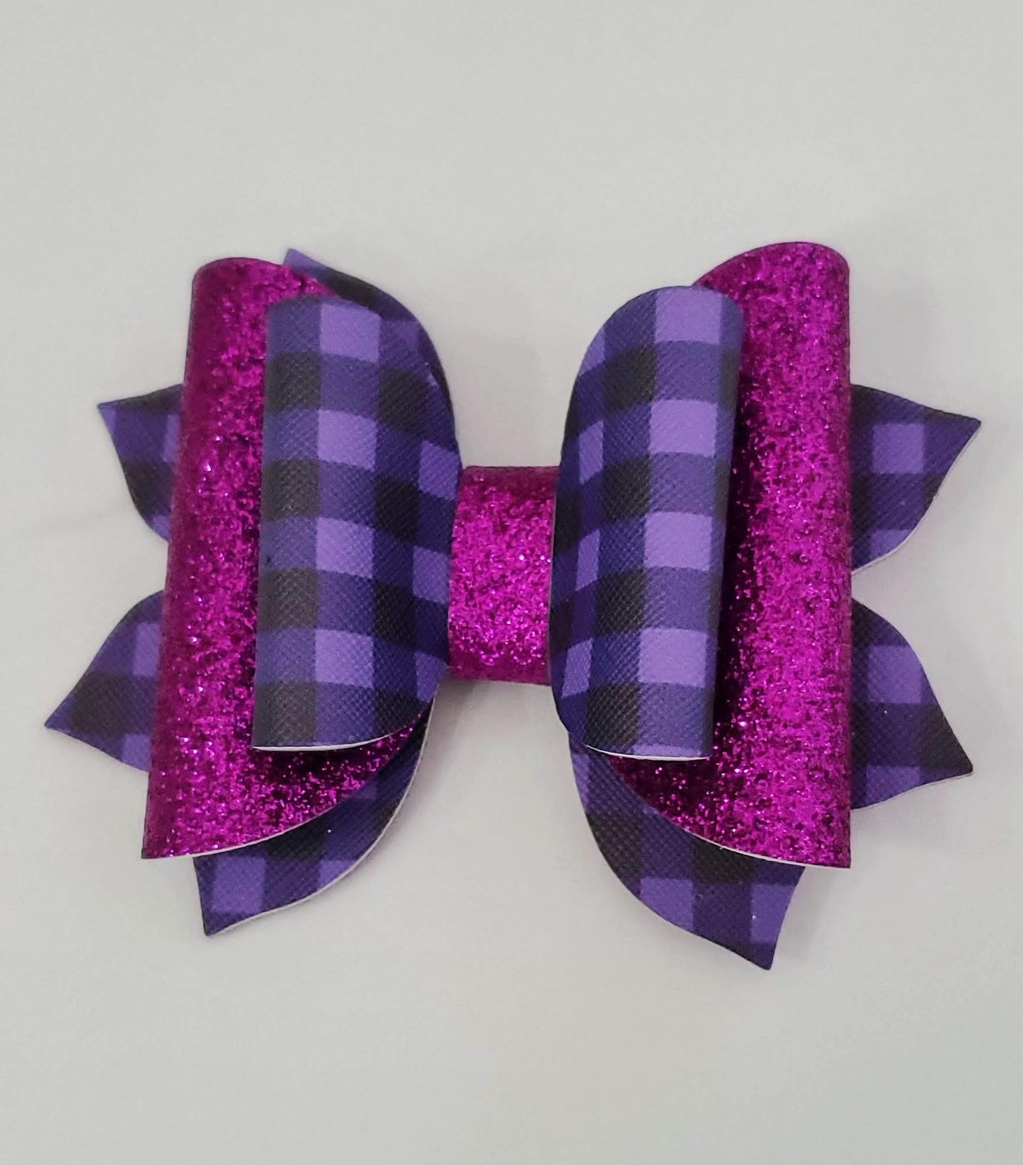 4" Black & Purple Plaid Hair Bow/ Purple Glitter