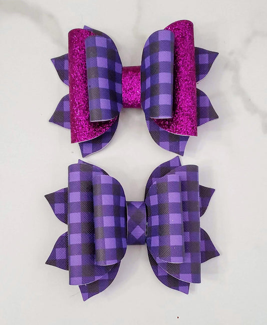 4" Black & Purple Plaid Hair Bow/ Purple Glitter