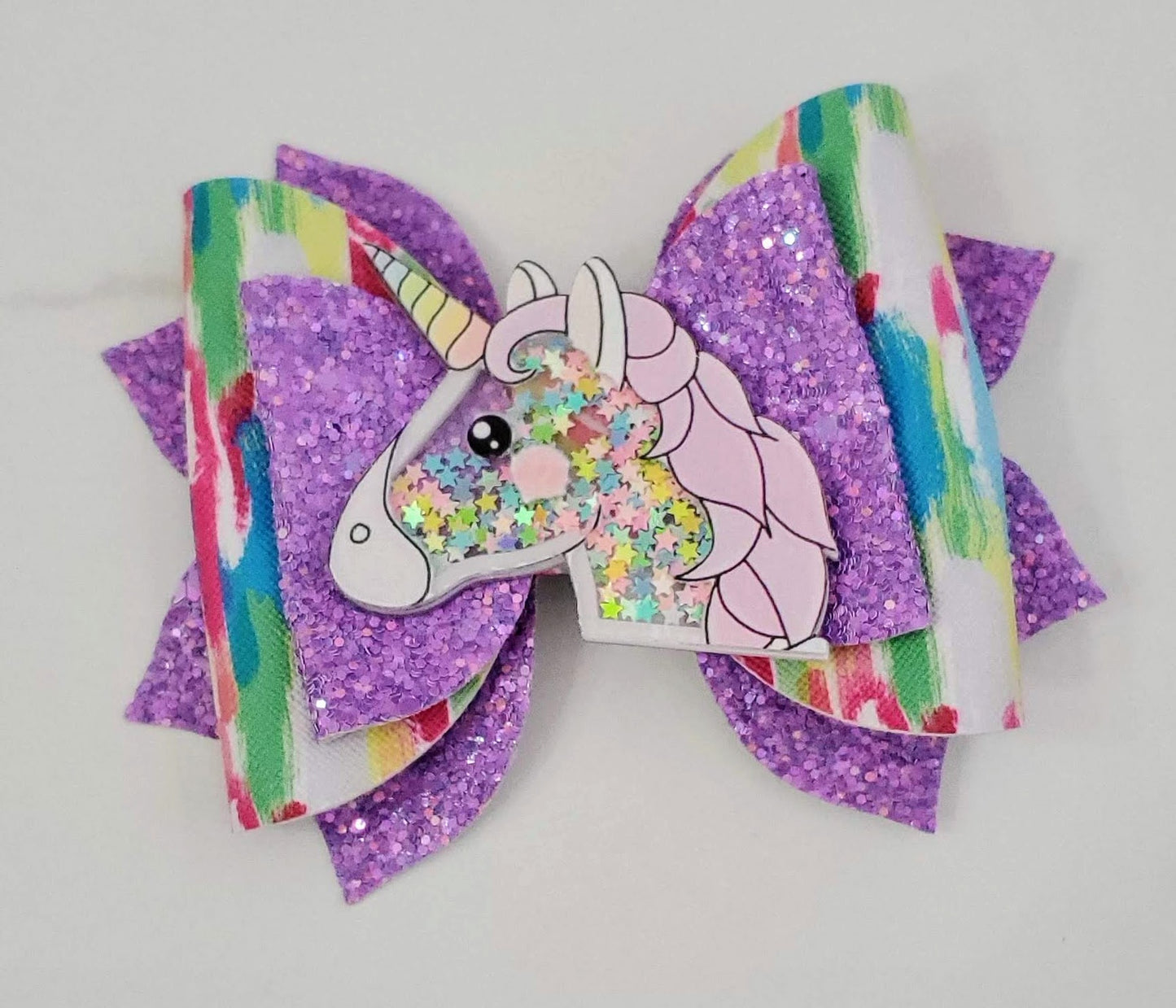 4" Colorful Paint Strokes with Purple Glitter/ Unicorn Shaker Hair Bow