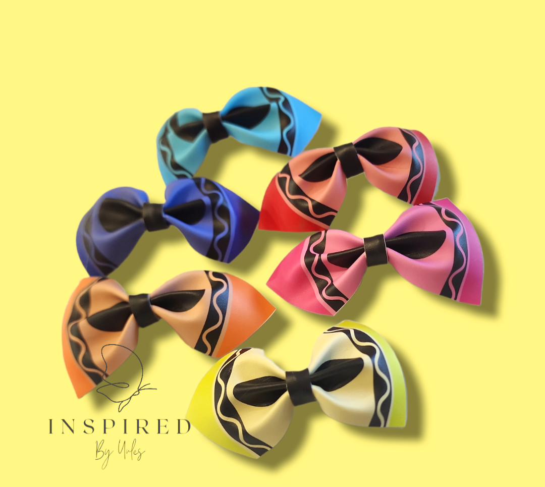 Colorful Crayola print soft faux leather bows