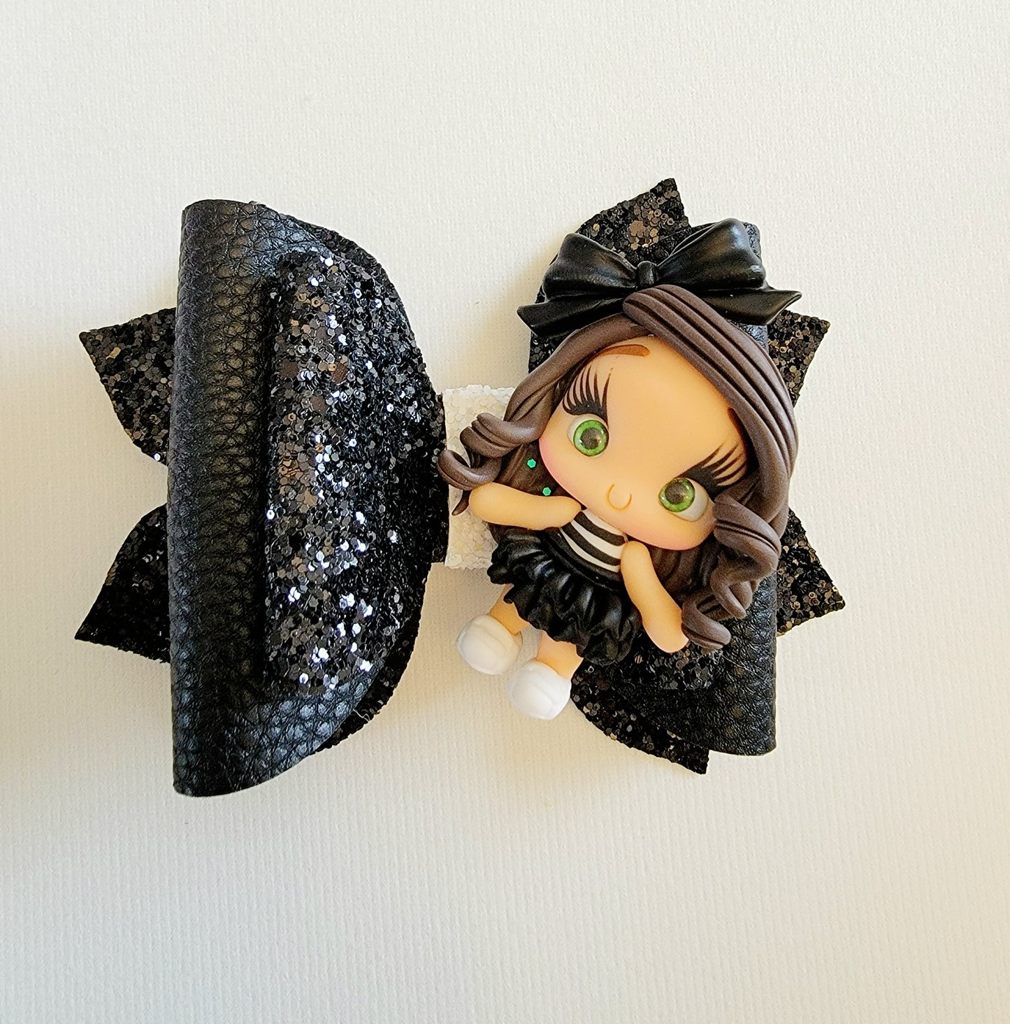 Jasmine Bow with Striped Black & White Clay Doll