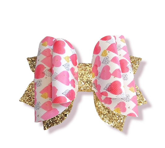 Jasmine Sparkle Pink & Gold Hearts Bow