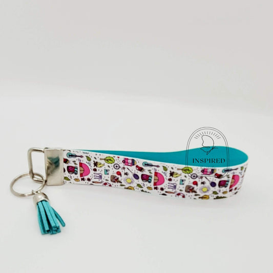 Bright & Fun Happy camper Vegan Leather Wristlet key Fob