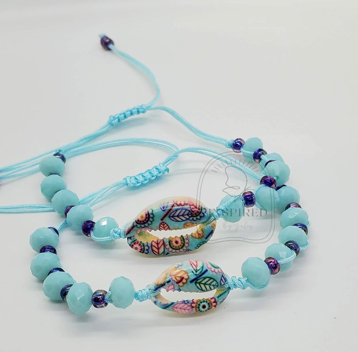 Blue Floral Seashell Adjustable Bracelet