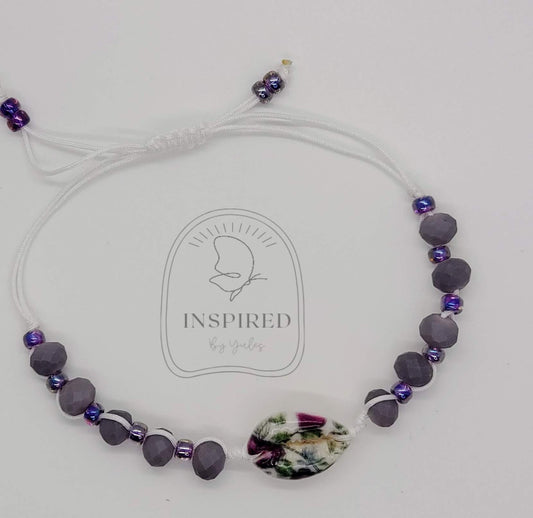 LIMITED- PURPLE FLOWERS HANPAINTED SEASHELL ADJUSTABLE BRACELET