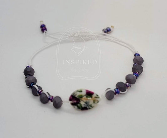 LIMITED- PURPLE FLOWERS HANPAINTED SEASHELL ADJUSTABLE BRACELET