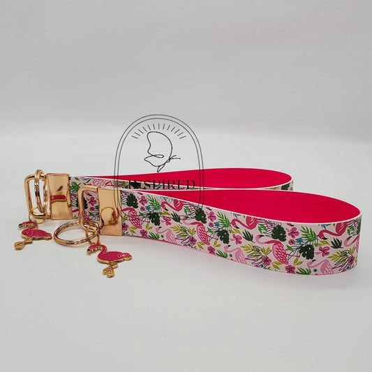 VIBRANT TROPICAL FLAMINGO VEGAN LEATHER WRISTLET KEY FOB