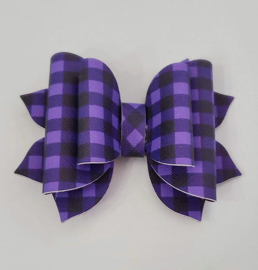 4" Black & Purple Plaid Hair Bow/ Purple Glitter