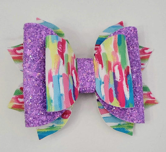 4" Colorful Paint Strokes with Purple Glitter/ Unicorn Shaker Hair Bow